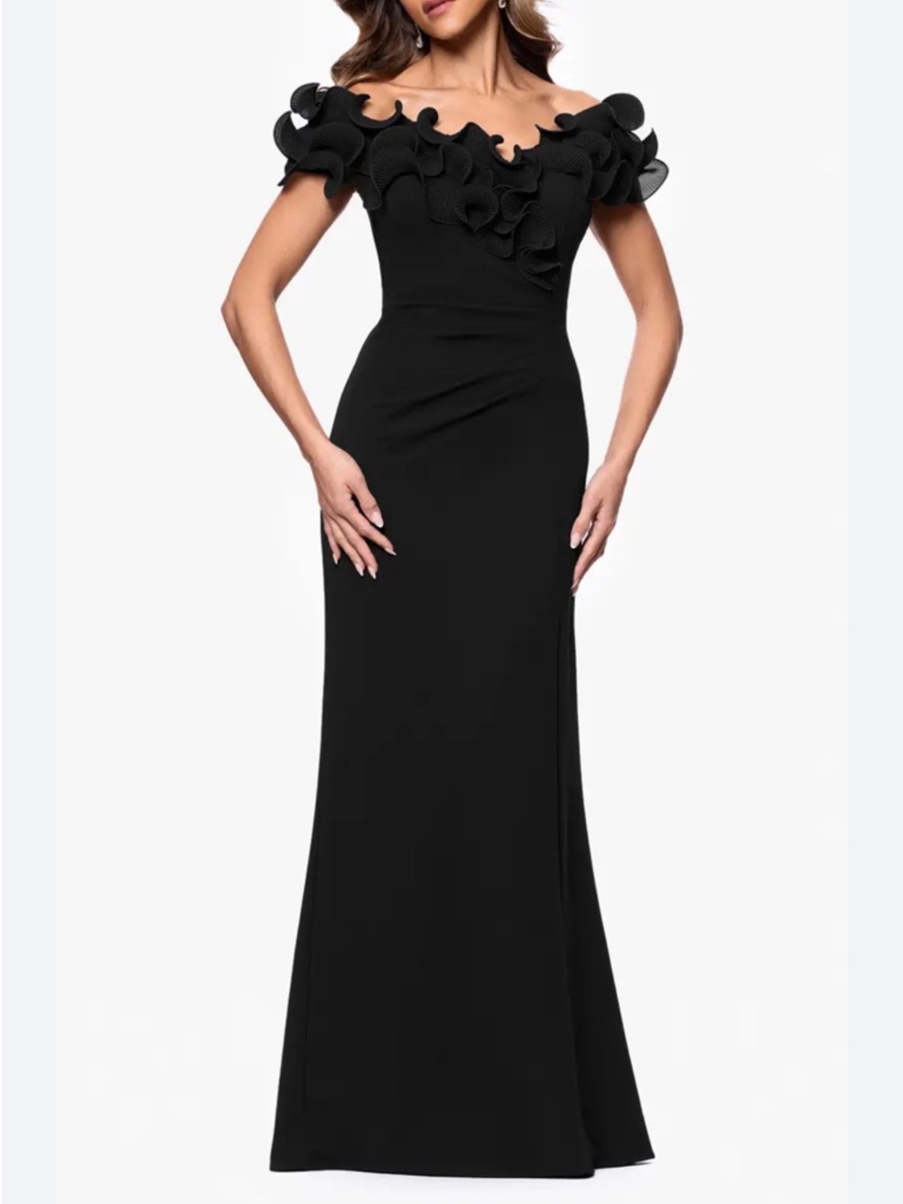 Xscape Black Off-Shoulder Ruffle-Trim Evening Gown